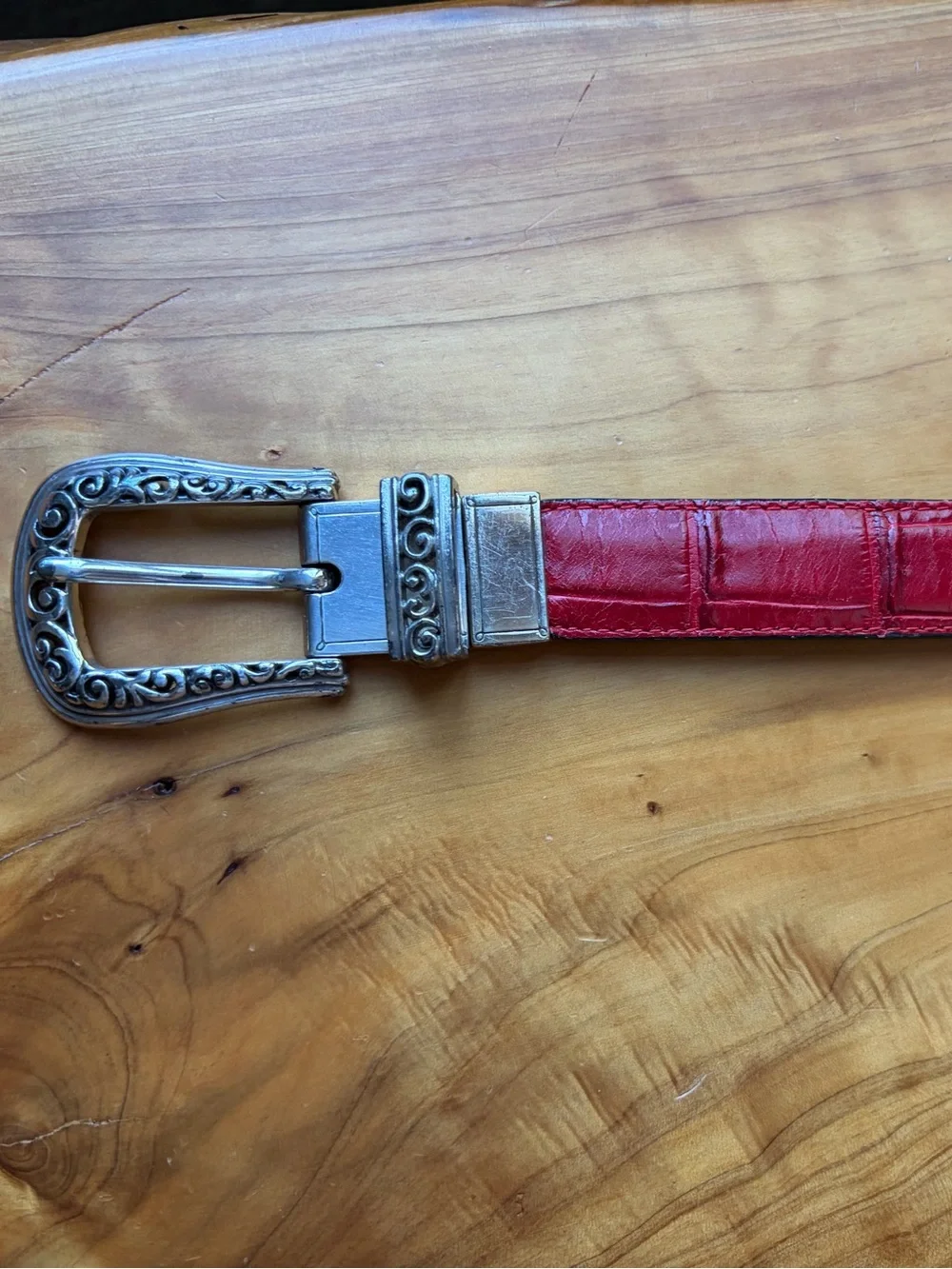 Brighton Red Croc-Embossed Leather Belt with Ornate Silver Buckle